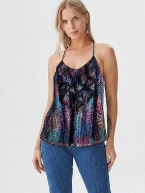 Rebecca Taylor Multicolor Metallic Ruffle Silk Boho Tank Top
